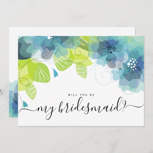 Ethereal blue flowers will you be my bridesmaid invitation (Front/Back)