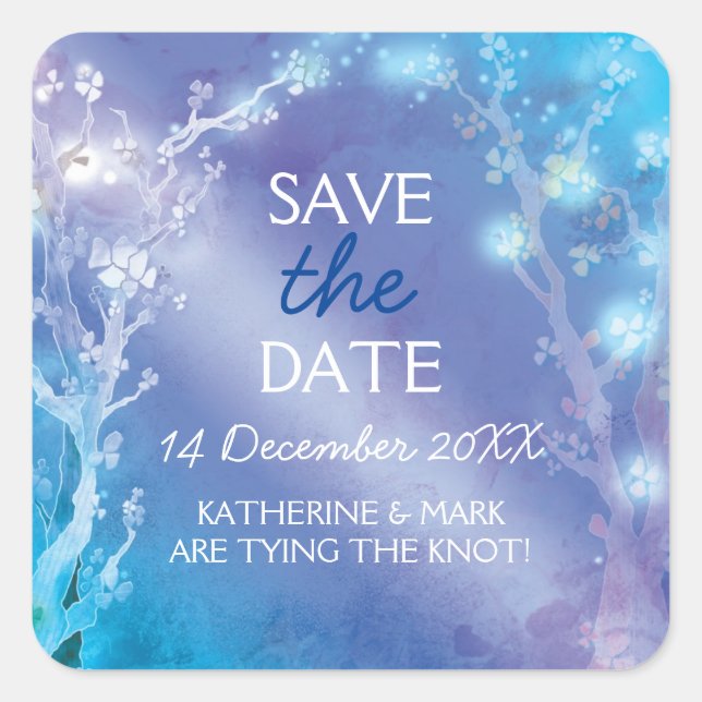 Ethereal Blue Forest Wedding Save the Date Square Sticker (Front)