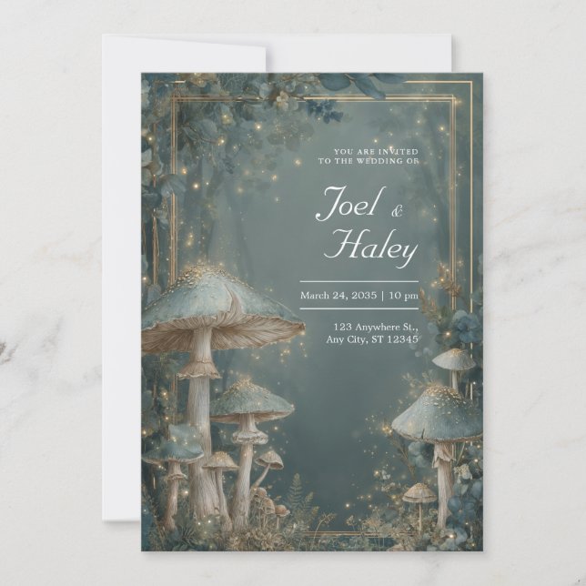 Ethereal Blue Grey Mushroom Forest Gold Light Invitation (Front)
