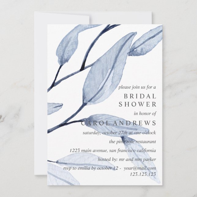 Ethereal Blue | Leafy  Bridal Shower Wedding Invitation (Front)