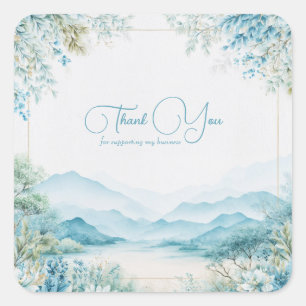 Ethereal Blue Mountain Watercolor Gold Frame Square Sticker