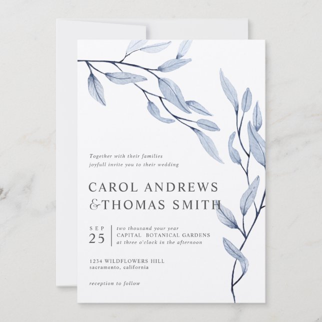 Ethereal Blue | Vertical  Botanical Leaves wedding Invitation (Front)
