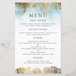 Ethereal Blue Watercolor Gold Wedding Dinner Menu