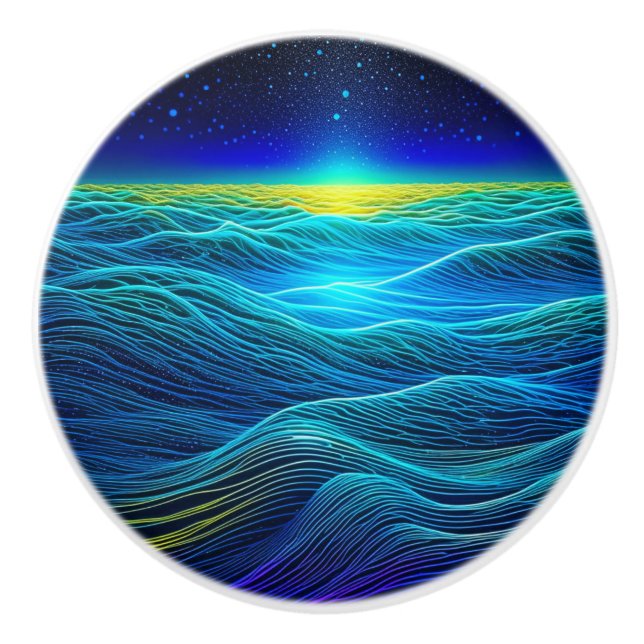 Ethereal Blue Waves and Ocean Sunset Ceramic Knob (Front)