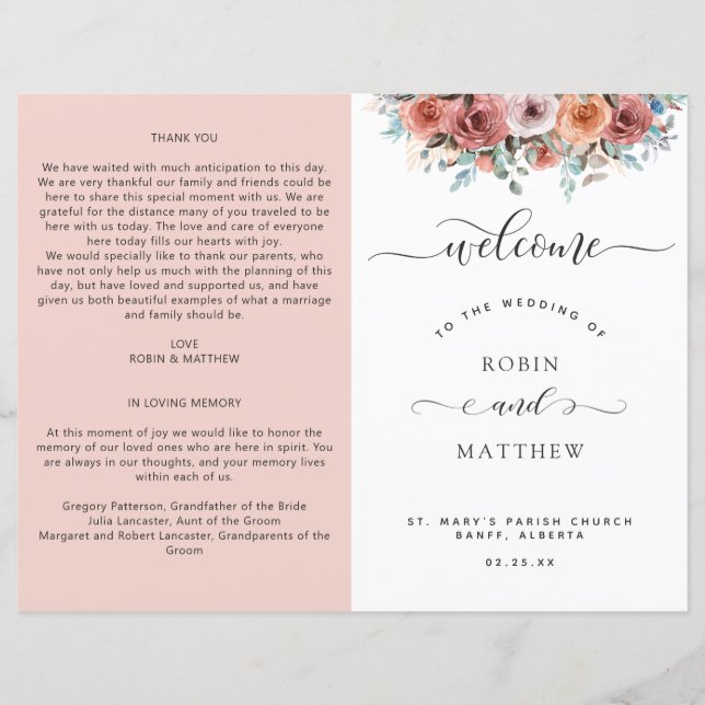 Ethereal Blush Peach, Floral Wedding Program (Front)