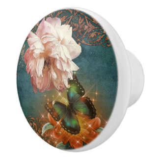 Ethereal Butterly Bokeh and Peony Teal and Peach Ceramic Knob