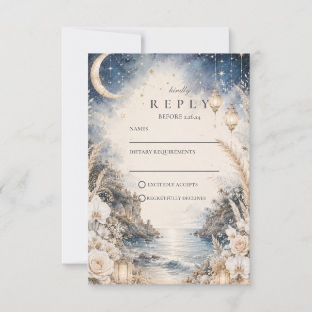 Ethereal Celestial Beach Wedding RSVP Card (Front)