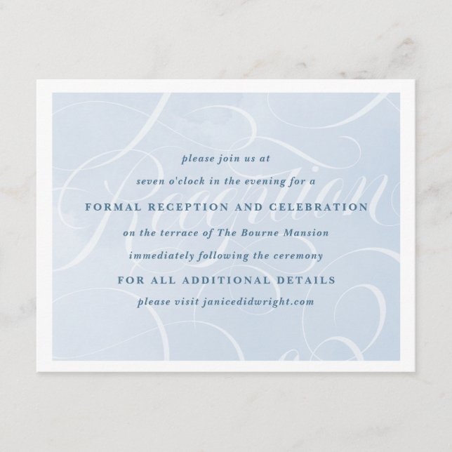 Ethereal Cloud Blue Watercolor Script Reception Enclosure Card (Front)