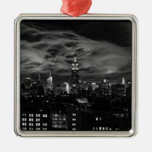 Ethereal Clouds: NYC Skyline, Emp St Bldg BW Metal Tree Decoration
