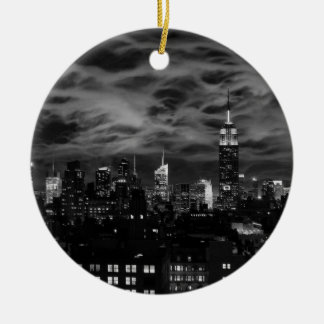 Ethereal Clouds: NYC Skyline, Empire State Bldg BW Ceramic Tree Decoration