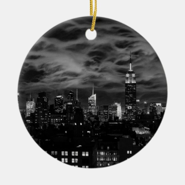 Ethereal Clouds: NYC Skyline, Empire State Bldg BW Ceramic Tree Decoration (Front)