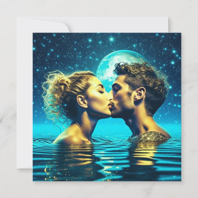 Ethereal Couple Kissing in Moon Water Reflection  Card (Front)
