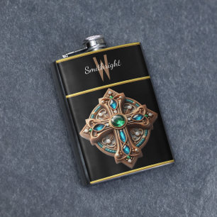 Ethereal Cross Brooch With Blue and Green Stones Hip Flask