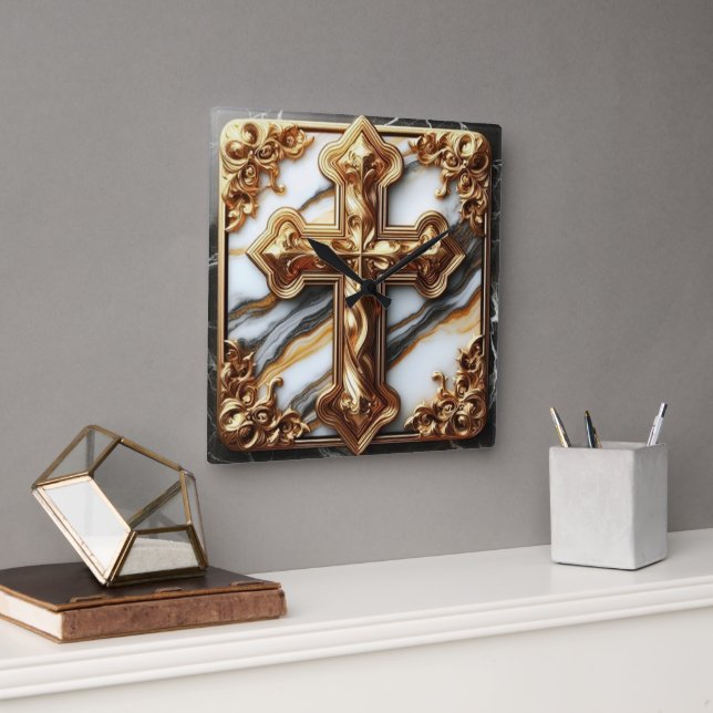 Ethereal Cross Carved in White Marble Square Wall Clock (Office)