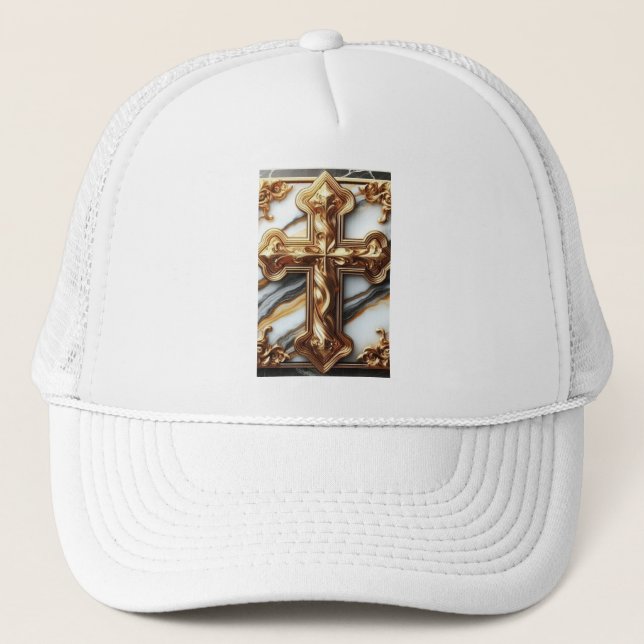 Ethereal Cross Carved in White Marble Trucker Hat (Front)