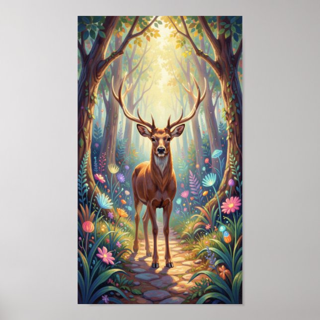 Ethereal Deer in Luminous Forest Path Poster (Front)