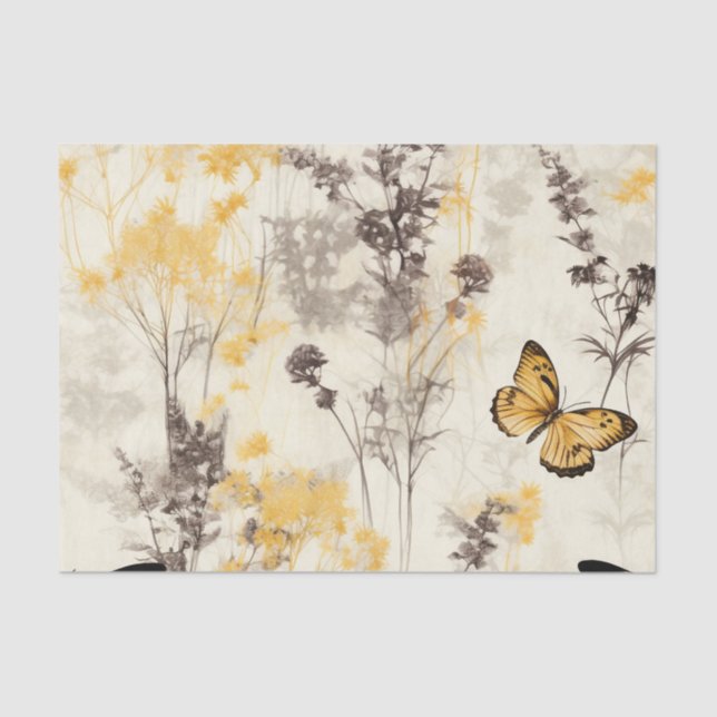 Ethereal Delicate Black Yellow Flowers Butterfly Tissue Paper (Front)