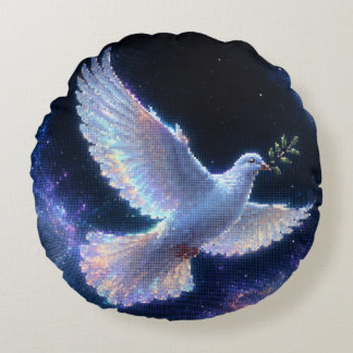 Ethereal Dove of Peace in Cosmic Light Round Cushion