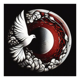 Ethereal Dove Planet – Noir Ink and Red Mandala Photo Print