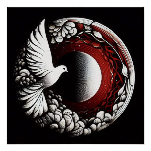  Ethereal Dove Planet – Noir Ink and Red Mandala  Poster