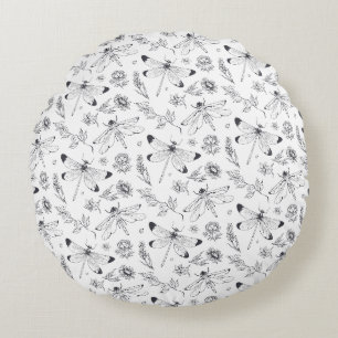 Ethereal Dragonfly & Botanical Line Art Pattern Round Cushion