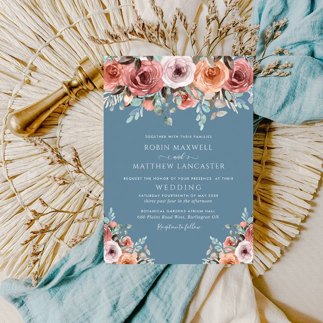Ethereal Dusty Blue and Blush Peach Floral Wedding Invitation (Creator Uploaded)