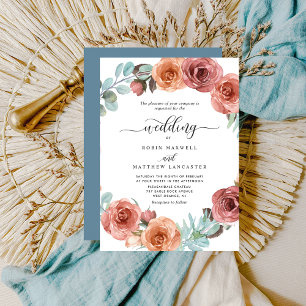 Ethereal Dusty Blue, Blush Floral Encircle Wedding Invitation