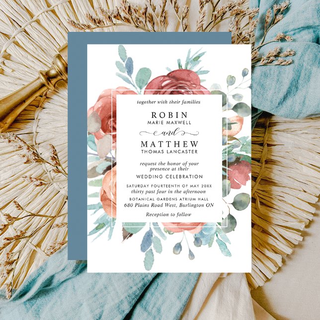 Ethereal Dusty Blue,Blush Peach Botanical Wedding Invitation (Creator Uploaded)