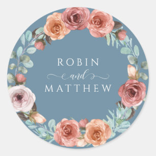 Ethereal Dusty Blue, Blush Peach Floral Wedding Classic Round Sticker