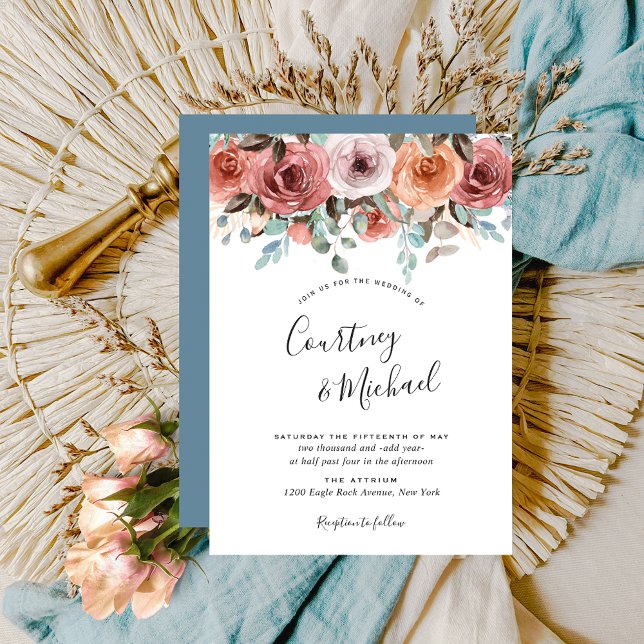 Ethereal Dusty Blue, Blush Peach Floral Wedding Invitation (Creator Uploaded)