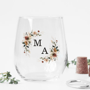 Ethereal Elegance Boho Wreath Wedding Monogram Stemless Wine Glass