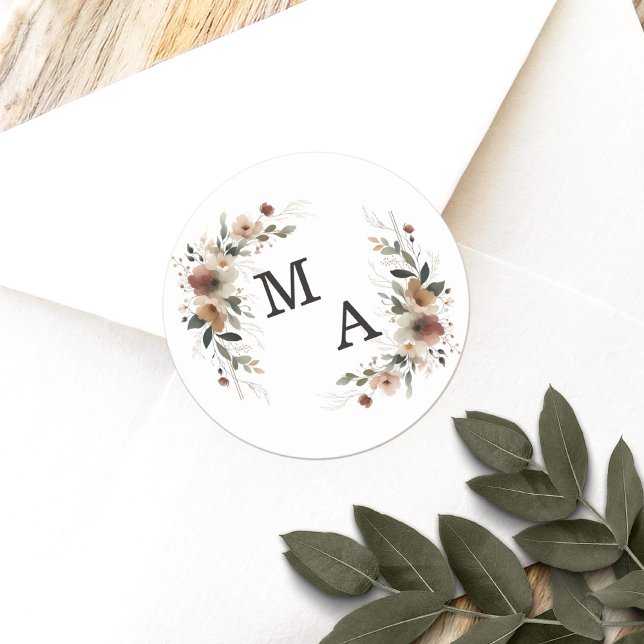 Ethereal Elegance Floral Wreath Wedding Monogram Classic Round Sticker (Seal your wedding details with love using our custom monogram stickers, tailored for elegance.)