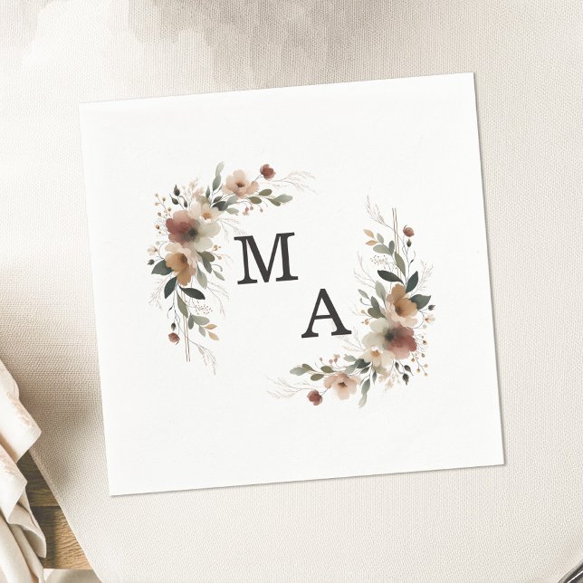 Ethereal Elegance Floral Wreath Wedding Monogram Napkin (Wrap your celebration in elegance with our monogrammed napkins in 6 rustic hues.)