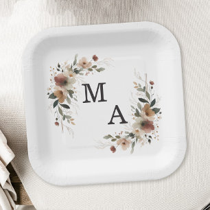 Ethereal Elegance Floral Wreath Wedding Monogram Paper Plate