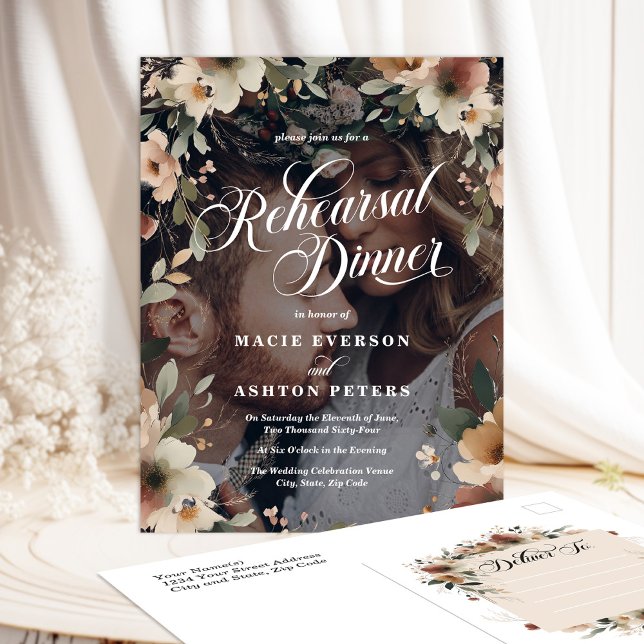 Ethereal Elegance Rehearsal Dinner Photo Overlay Invitation Postcard (Elegant, affordable rehearsal dinner invites with a romantic cottagecore touch.)
