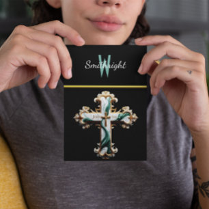 Ethereal Elegance: White and Green Cross on Black Postcard