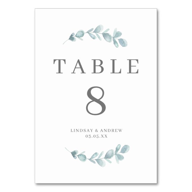 Ethereal Eucalyptus Blue Wedding Table Number (Front)