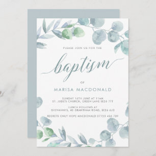 Ethereal Eucalyptus Dusty Blue Baptism Invitation