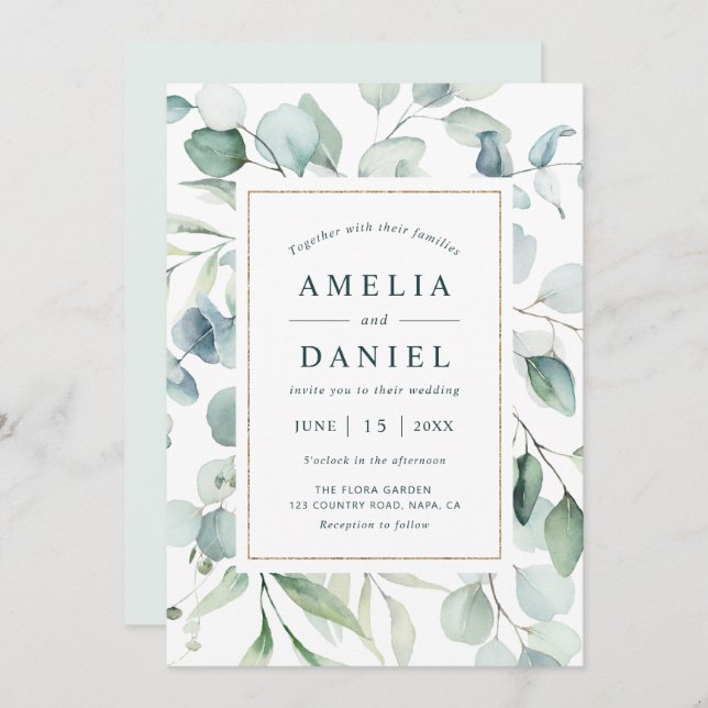 Ethereal Eucalyptus Gold Greenery Wedding Invitation (Front/Back)