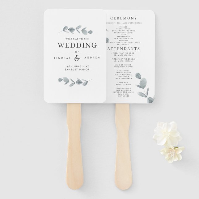 Ethereal Eucalyptus Wedding Program Hand Fan (Front and Back)