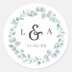 Ethereal Eucalyptus Wreath Monogram Wedding Classic Round Sticker