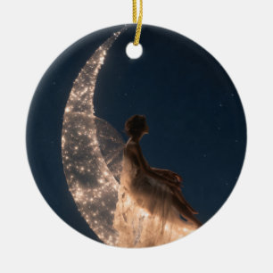 Ethereal Fairy Sitting On A Glowing Crescent Moon Ceramic Tree Decoration