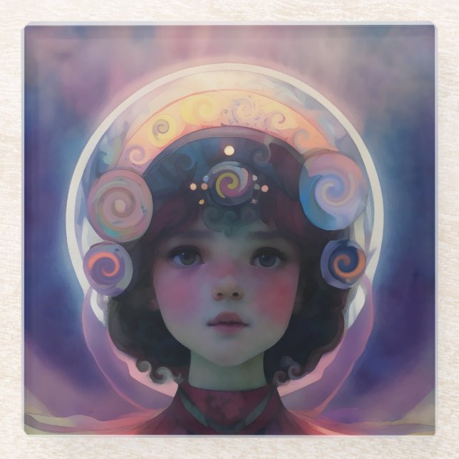 Ethereal Fantasy Celestial Child Dream Guardian Glass Coaster (Front)