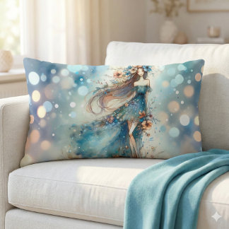 Ethereal Fantasy Goddess in a Watercolor Dream Lumbar Cushion