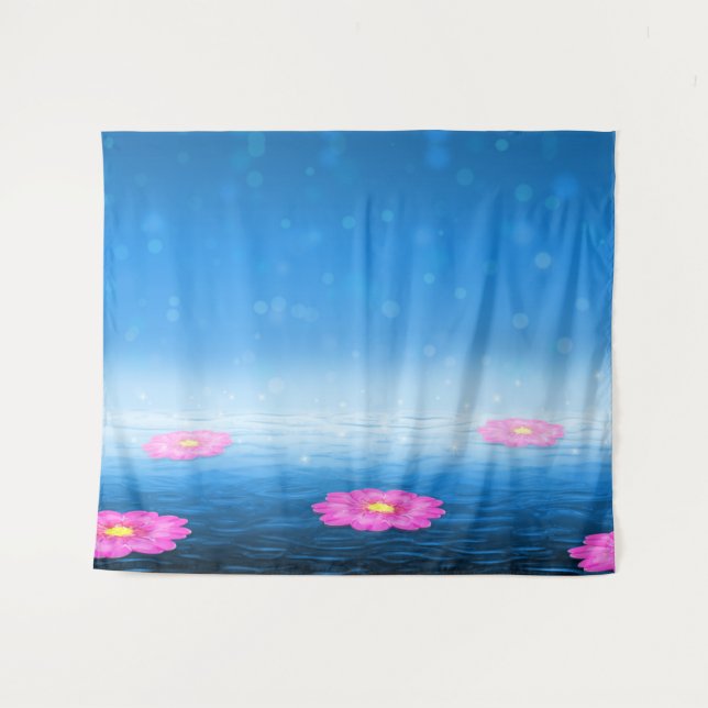 Ethereal Fantasy Lake with Floating Pink Lotus Tapestry (Front (Horizontal))