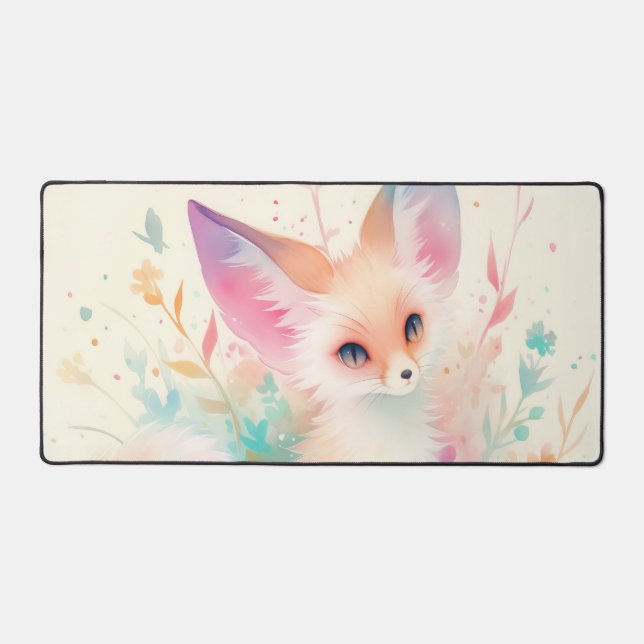 Ethereal Fennec Fox Pastel Rainbow Watercolor Desk Mat (Front)