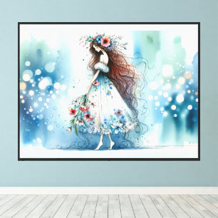 Ethereal Flower Fairy in Watercolor Dreamscape Canvas Print