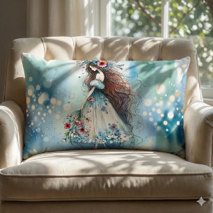 Ethereal Flower Fairy in Watercolor Dreamscape Lumbar Cushion