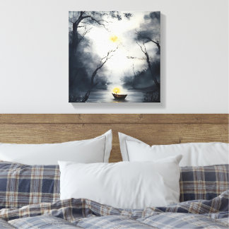 Ethereal Forest Lake at Night - Mystical Boat Moon Canvas Print