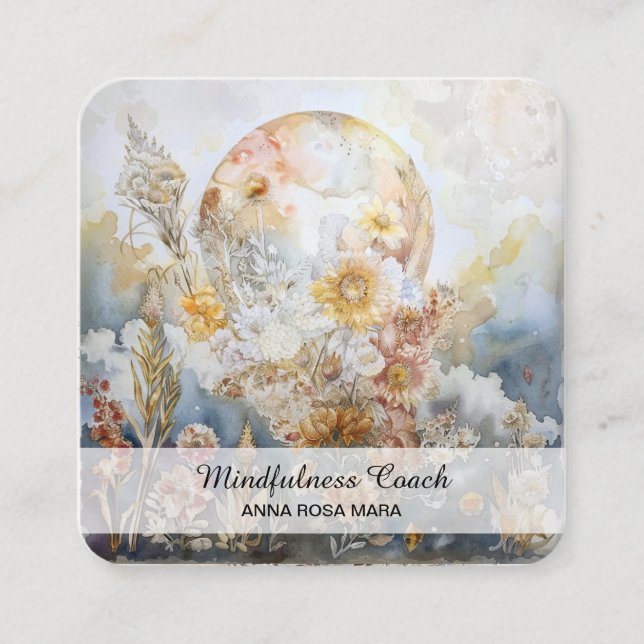 *~* Ethereal FULL Moon Flowers QR Floral AP70 Square Business Card (Front)